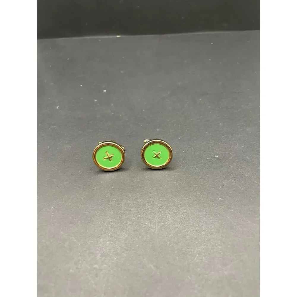 VTG Hickok USA Cufflinks Gold Tone Green Enamel Inlay Crisscross Bullet Back